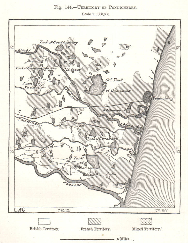 Territory of Puducherry. Pondicherry. India. Sketch map 1885 old antique